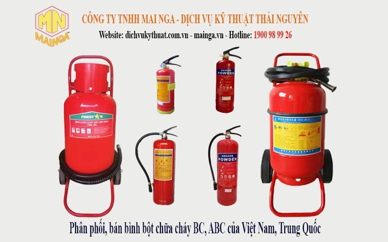 Công ty TNHH Mai Nga - Dịch vụ kỹ thuật Thái Nguyên phân phối, cung cấp bảng giá bán Bình bột chữa cháy cầm tay BC MFZ4 MFZ8, ABC MFZL1 (1kg), ABC MFZL2 (2kg), ABC MFZL4 (4kg), ABC MFZL8 (8kg), xe đẩy BC MFTZ35, xe đẩy ABC MFTZL35 (35kg), 25kg của các hãng Dragon, Firestar, Yamato (Việt Nam), bình Trung Quốc tại Thái Nguyên (Hà Nội, Bắc Ninh, Bắc Giang, Bắc Kạn, Cao Bằng, Lạng Sơn, Hà Nam, Nam Định, Thái Bình, Hưng Yên, Quảng Ninh, Vĩnh Phúc, Tuyên Quang, Hà Giang và các tỉnh trong cả nước). Gọi 1900 989926