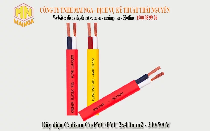 Công ty TNHH Mai Nga - Dịch vụ kỹ thuật Thái Nguyên phân phối, cung cấp, giá bán Dây điện đôi mềm dẹt Cadisun lõi đồng bọc cách điện Cu/PVC/PVC 2x1.0mm2 300/500V - 30/0.20 tại Thái Nguyên (Hà Giang, Lào Cai, Lai Châu, Điện Biên, Sơn La, Yên Bái, Hòa Bình, Phú Thọ, Hà Nội, Bắc Ninh, Bắc Giang, Bắc Kạn, Cao Bằng, Lạng Sơn, Ninh Bình, Hà Nam, Nam Định, Thái Bình, Hải Phòng, Hải Dương, Hưng Yên, Quảng Ninh, Vĩnh Phúc, Tuyên Quang và các tỉnh trong cả nước) cập nhật thường xuyên.